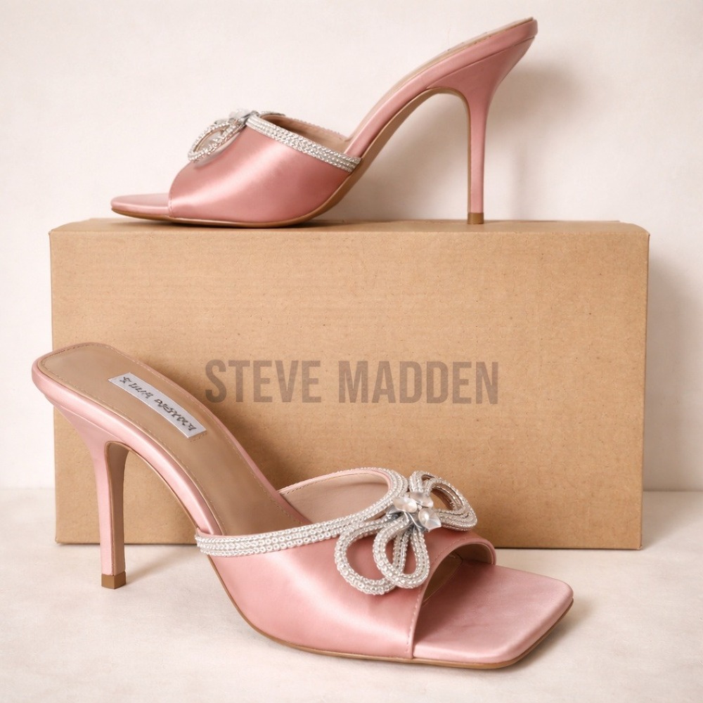 Steve Madden Ember Pink Satin Rhinestone Bow Heeled Sandals 10M NWB